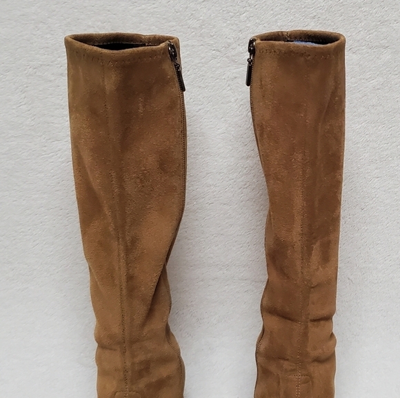 VINTAGE 90s Candies Caramel Faux Suede Stacked Heel Square Toe Knee High Boots 8 - Picture 4 of 16